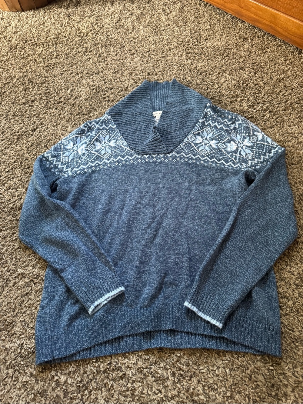 Studio Works Blue Shawl-Collar Fair Isle Sweater